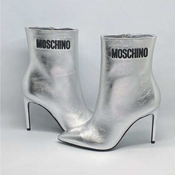 Moschino Logo-Detailed Metallic Leather High-Heel Booties size 38 - Picture 3 of 15